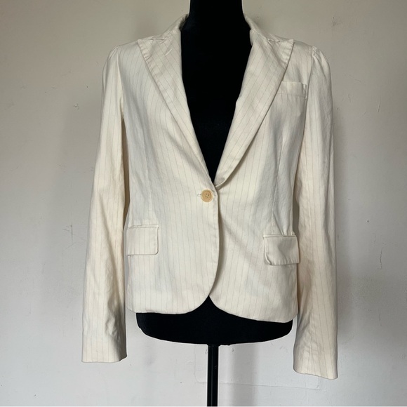 Theory Cream Pinstripe Tailored Womens Open Blazer Career Light Academia Size 10 - Picture 1 of 9